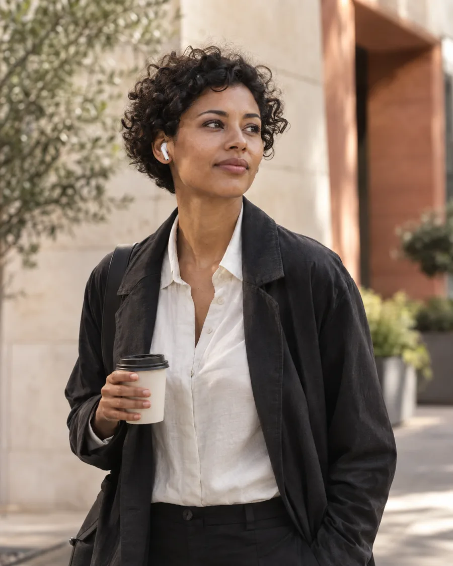 A professional listening with earbuds during a quiet moment on her way to work.